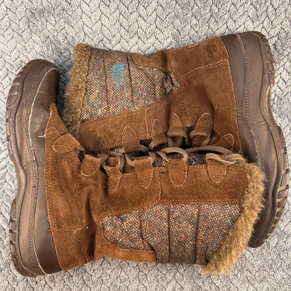 The North Face Speckled Quilted Women Brown Winter Boots PrimaLoft Suede SZ 8